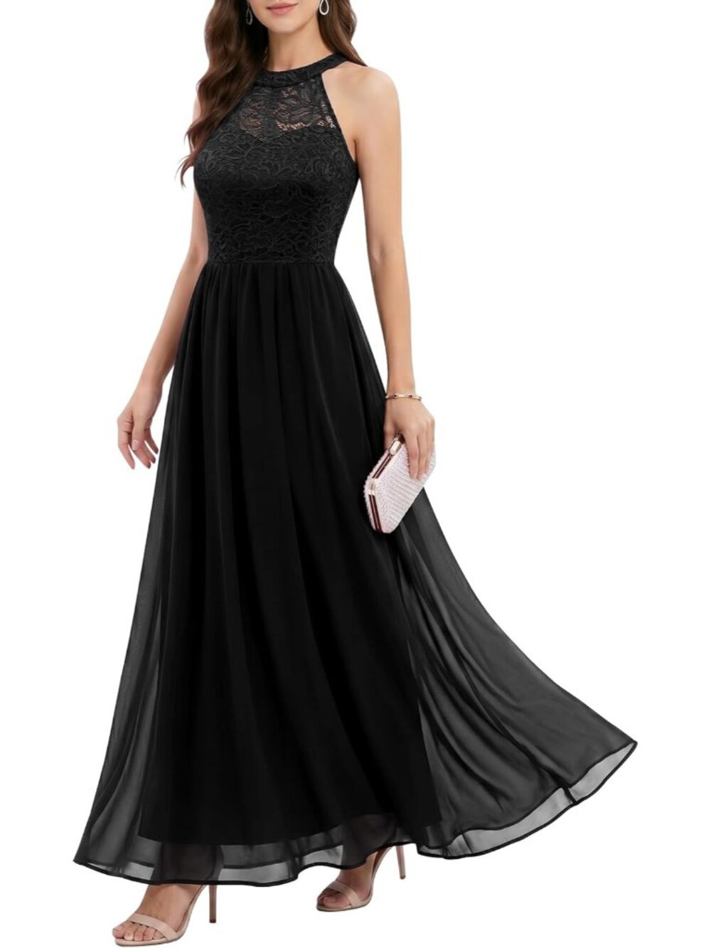Women's Black Halter Neck Floral Lace Bridesmaid Cocktail Bodycon Maxi Dress